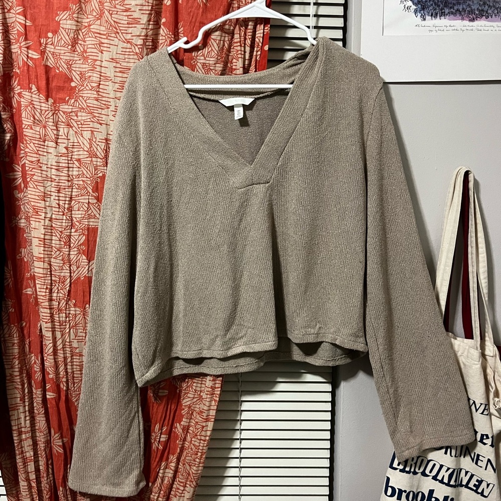 Tan cropped blouse with bell sleeves